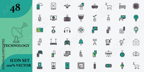 Extensive collection of minimalist line icons representing diverse concepts and technologies in teal and gray tones