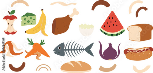 Food Waste Collection Vector Illustration Set Featuring Organic Scraps Including Fruit Peels Bread Fish Bones and Leftover Food for Recycling and Compost Design Projects