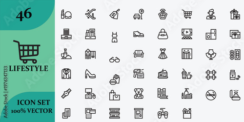 Extensive collection of black line icons representing various lifestyle elements and shopping concepts