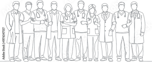 A diverse group of dedicated healthcare professionals standing together, representing unity and teamwork in medicine, drawn in a continuous one-line art style.