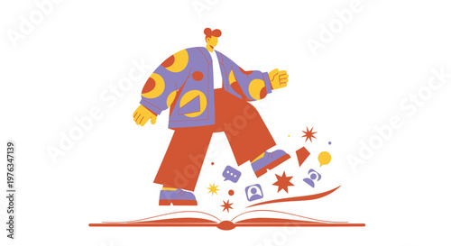Colorful illustration, book coming to life, person stepping out, creative concept, educational icons