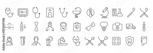 Set of Check up web icons in line style. Diagnosis, doctor, exam, examination bundle. Medical web icons in line style. Healthcare, medicine, check up, doctor, pharmacy, lab, MRI, Vector illustration.