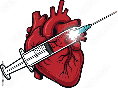 Vibrant vector illustration depicting a human heart receiving an injection from a glowing medical syringe, symbolizing advanced cardiac treatment or health intervention concept.
