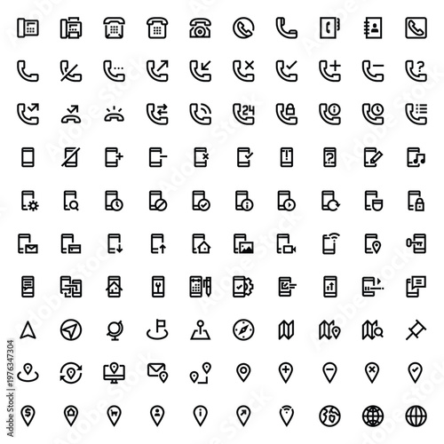 Title a comprehensive collection of 100 minimalist line icons representing various concepts and categories displayed in a grid format