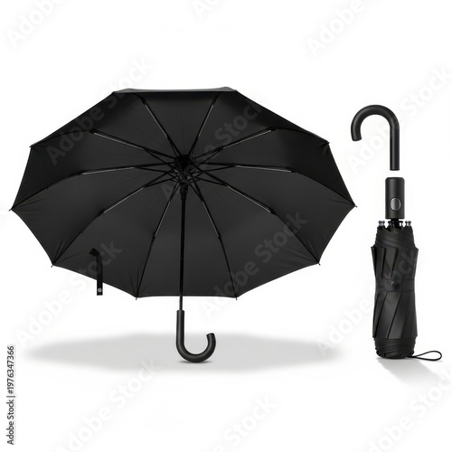 Black umbrella and folded on transparent background