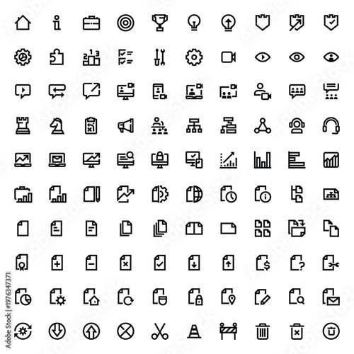 Extensive collection of minimalist line icons representing diverse concepts and categories in a grid layout