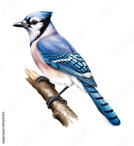 Woodland blue jay resting on stump with soft natural watercolor detail.