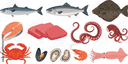 Fresh Seafood Collection Vector Illustration Set Featuring Fish Fillets Crab Shrimp Squid Octopus Mussels and Oysters for Culinary and Market Design Use