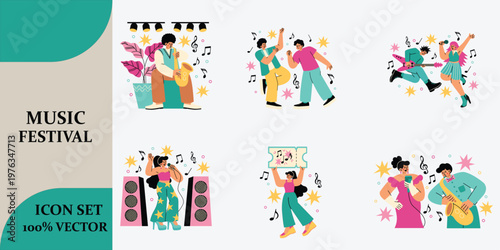 Vibrant music festival poster collection a stylish compilation of illustrated performances and event promotion