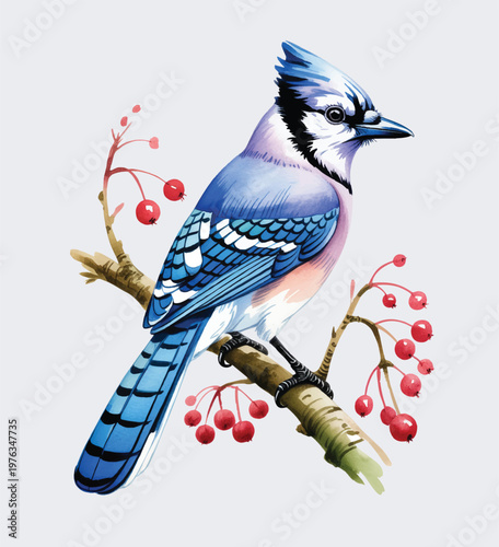 Blue songbird resting on a berry branch in soft watercolor harmony.