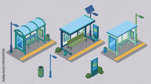 Three bus stops with solar panel and benches in urban setting