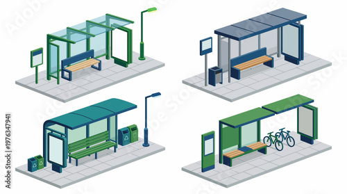 Isometric Bus Stop Illustrations Set for Urban Public Transport Infrastructure Design. Modern Shelters, Benches, and Advertising Boards Collection