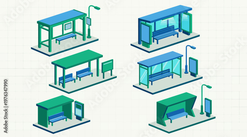 Isometric Bus Stops Set. Modern Public Transport Shelter Design Elements. City Street Furniture Illustration