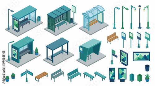 Isometric set of urban street furniture elements including various bus stops, benches, lampposts, and signs for city infrastructure design.
