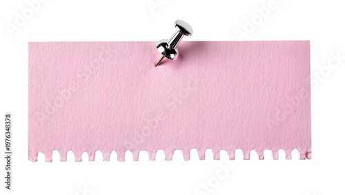 Fényképezés Pink paper note with serrated edge secured by a silver thumbtack, isolated on tr