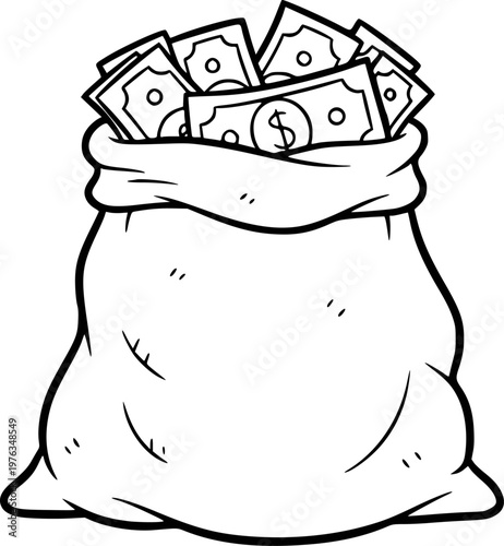 Quadro em tela Black and white of a full money bag overflowing with dollar bills cash