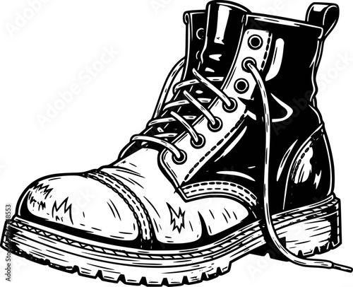 Black and white of a single laced combat boot with thick sole and stitching detail