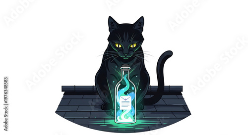 A black cat sitting on a brick floor with a glowing bottle in front of it