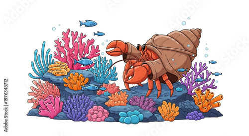 A colorful illustration of a hermit crab surrounded by vibrant coral and fish in an underwater scene