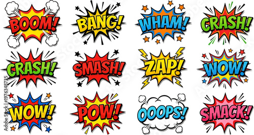 Colorful retro comic speech bubbles: vibrant pop art sound effects including Boom, Bang, Wham, Crash, Smash, Zap, Wow, Pow, Ooops, Smack. Dynamic cartoon exclamations for impact.