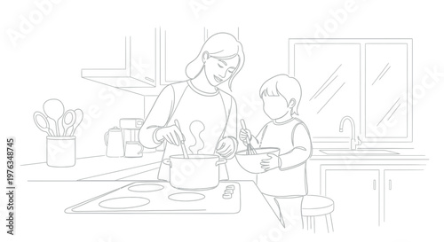 Caring mother and her small child cooking together in the kitchen by stirring food inside a large pot and using a whisk in a bowl