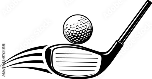 Black Golf Club and Ball Silhouette with Dynamic Swoosh White Background sport