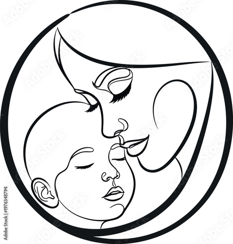 Elegant single line art drawing depicting a loving mother gently embracing her peacefully sleeping baby, symbolizing the profound pure bond of maternal love and tenderness.