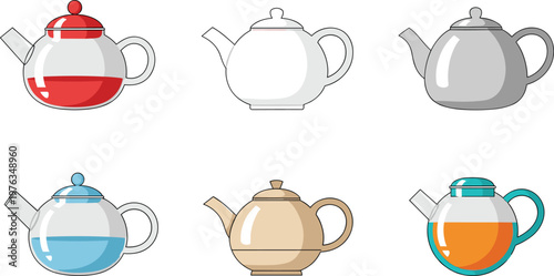 Glass Teapot Collection Vector Illustration Set Featuring Transparent Teapots with Colored Tea Liquid and Modern Kitchen Beverage Design Elements