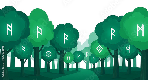 A vector graphic illustration of a mystical forest with trees featuring ancient runes on a transparent background