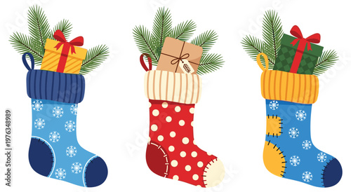Illustration of festive Christmas stockings in blue, red, and yellow, adorned with snowflakes and polka dots, overflowing with wrapped presents and pine foliage.