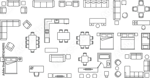 Home furniture symbols, top-down 2D vector set, CAD blocks of sofas beds tables chairs kitchen bathroom office vector illustration
