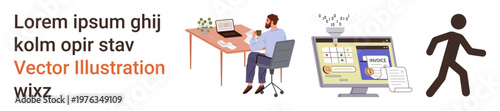 Business collaboration, online workspace, digital management, marketing strategy, remote work, communication tools. Man at desk, web interface setup and walking figure icons. Business collaboration