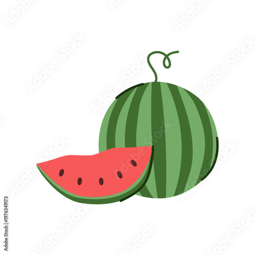 Watermelon slice rests beside whole fruit