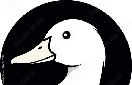 A stylized illustration of a white ducks head in profile against a black circular background