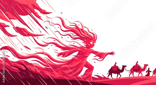 A vibrant red illustration of a person running in the rain with camels in the background