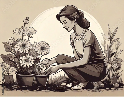 Woman tending to potted plants in a garden setting.