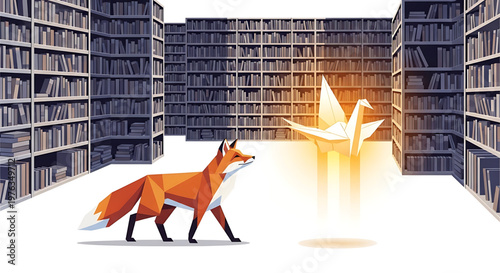 A geometric fox walks towards a glowing origami crane in a library with tall bookshelves