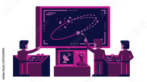 Three focused mission control operators diligently track a satellite's orbital trajectory on a large digital screen within a futuristic, purple-hued command center.