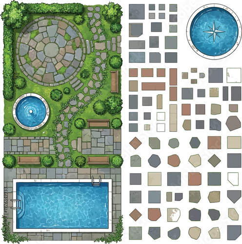 Garden landscape game assets, top-down 2D vector set, modular tiles pavers fountain pool bushes benches vector illustration