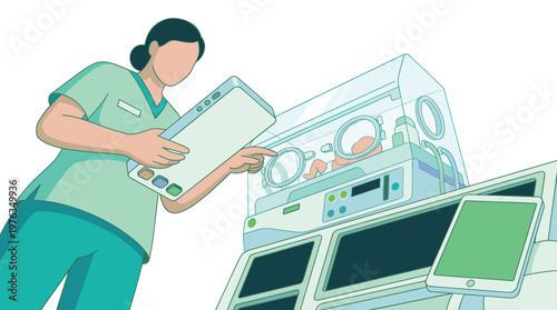 A dedicated female nurse in medical scrubs meticulously reviews patient data on a tablet while attending to a newborn baby inside a modern neonatal incubator.