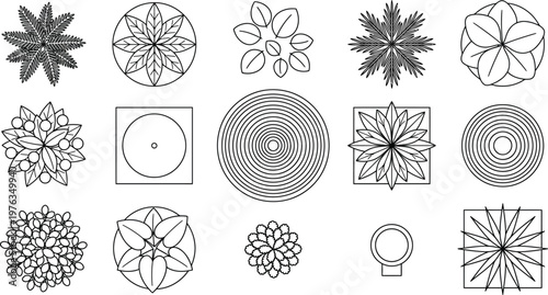 Landscape and garden symbols, top-down site plan vector set, 2D CAD plants planters fountain decorative vector illustration