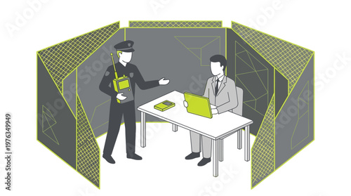 A uniformed police officer holding a radio communicates with a businessman using a laptop inside a secure, temporary partitioned area with a distinct green grid pattern.