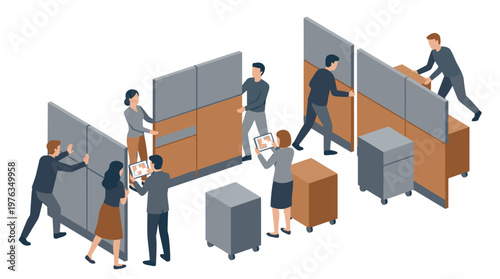 A diverse and collaborative team of office workers actively assembles modern modular cubicle partitions to create a flexible and dynamic workspace in an open office.