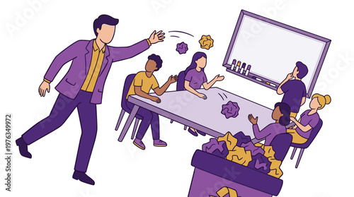 A creative professional in a purple jacket tosses a crumpled paper ball during a dynamic brainstorming session with a diverse team around a conference table.