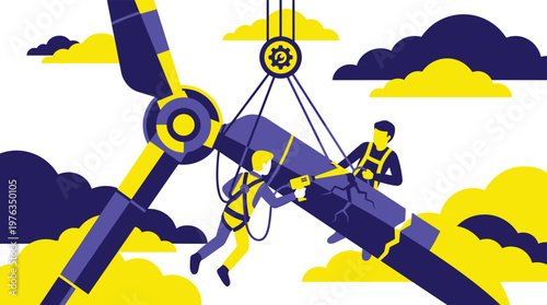 Two diligent technicians in safety harnesses are suspended high in the sky, meticulously repairing a large, cracked wind turbine blade against a backdrop of clouds.