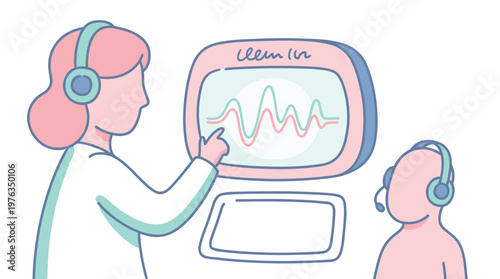 A female audiologist wearing headphones points to fluctuating brainwave patterns on a monitor for a patient during a detailed hearing test in a quiet clinic.