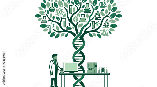A dedicated scientist in a white lab coat works at a computer next to a large, symbolic tree with a DNA helix trunk and leaves shaped like science icons.
