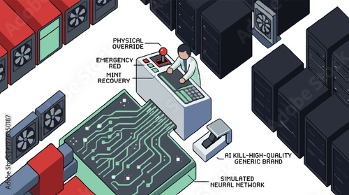 A scientist in a lab coat meticulously operates a complex control panel with a joystick for a simulated neural network in a high-tech server farm environment.