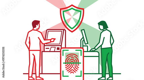 A secure biometric system with a fingerprint scanner and a central shield icon protects two individuals using separate digital terminals in a high-tech environment.