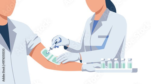 A medical professional wearing sterile gloves carefully administers a vaccine injection into a patient's arm, with a tray of prepared vials ready for use.